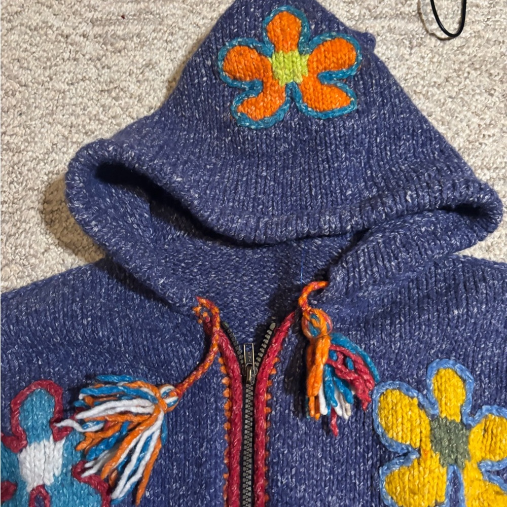 Floral Embroidered Blue Women's wool cardigan - Picture 12 of 16
